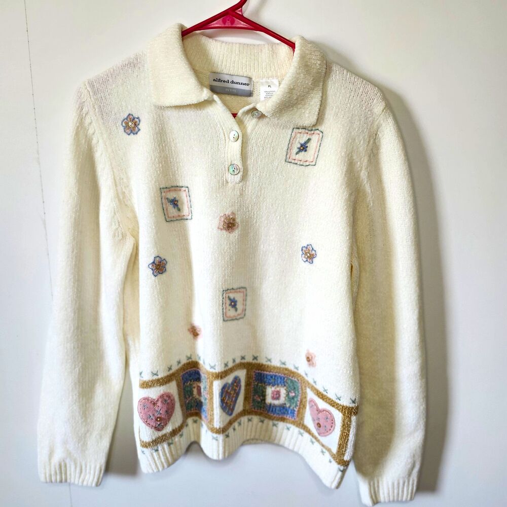 Vtg Alfred Dunner Petite Large PL Cream Embroidered Sweater Patchwork Heart Knit